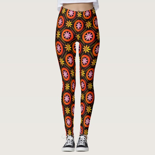 Leggings Diseño moderno de flores sobre fondo negro (Anverso)