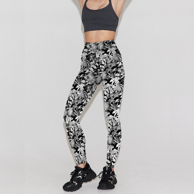 Leggings Diseño moderno de patrones de hojas tropicales de  (Modern leggings design with tropical leaf pattern in black and white, unique design for active lady )