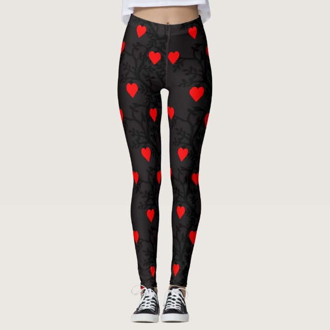 Leggings Diseño rojo de los corazones en negro (Anverso)