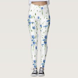 Leggings Diseño transparente de flores azules y hojas verde