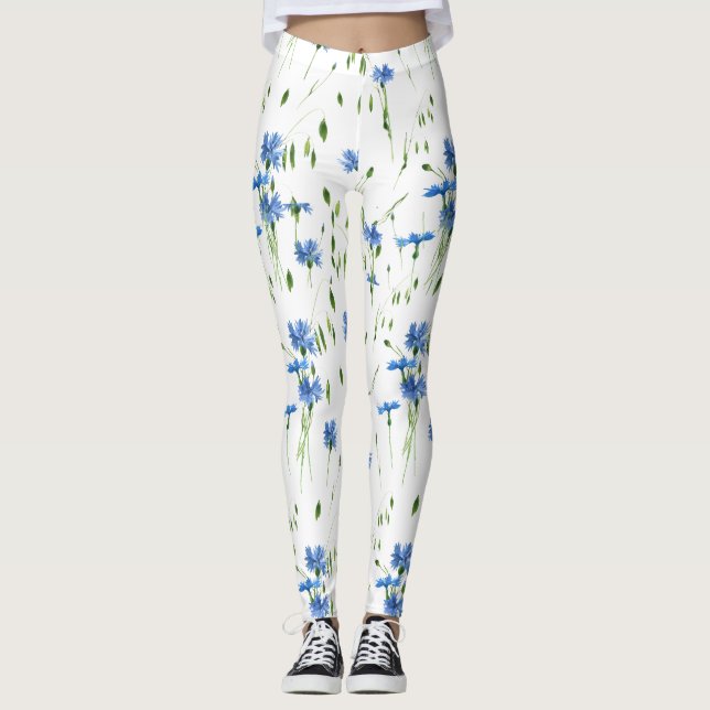 Leggings Diseño transparente de flores azules y hojas verde (Anverso)
