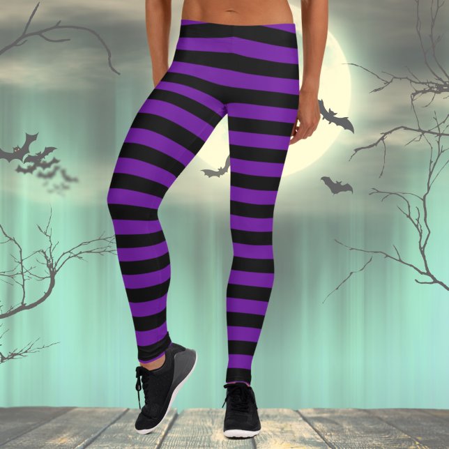 Leggings Disfraces de bruja negra y púrpura de Halloween (Black and Purple Striped Leggings, Halloween Costume)