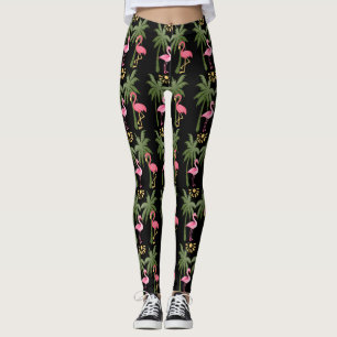 Leggings ¡Diversión! Flamencos y palmeras rosados en negr
