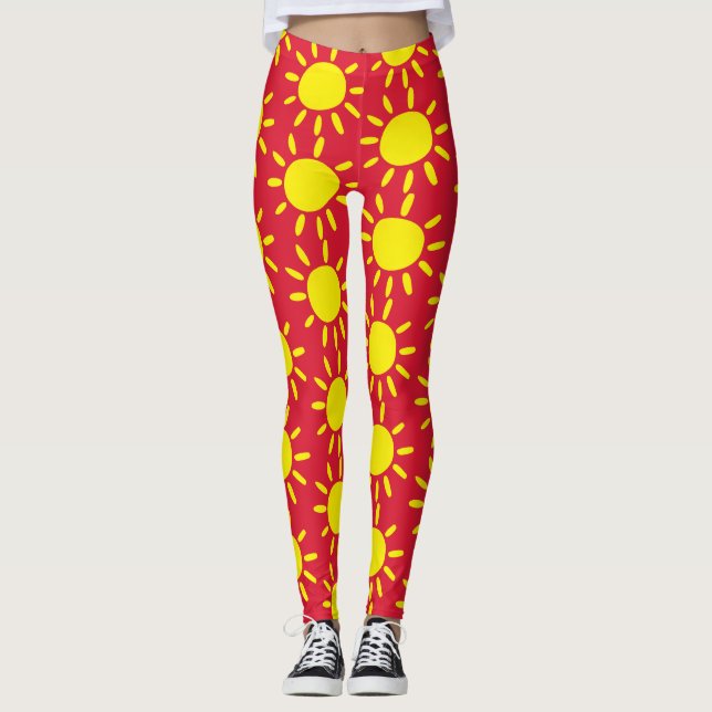 Leggings Diversión Resumen Rojo Y Amarillo Raya Círculos (Anverso)