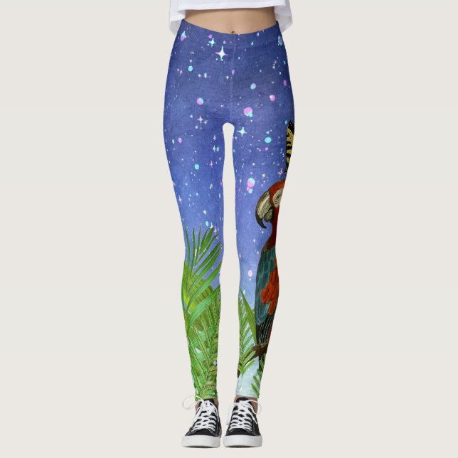 Leggings Divertida noche mística, loro y mariposa (Anverso)