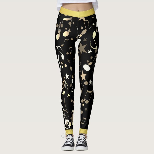 Leggings Divertidas notas musicales sobre negro con falso t (Anverso)