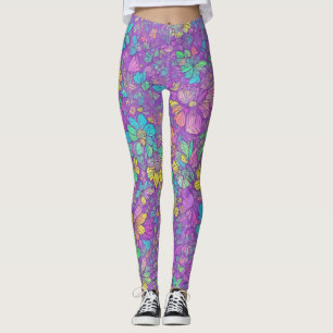 Leggings Divertido Patrón Floral Boho Hippie Color Morado B