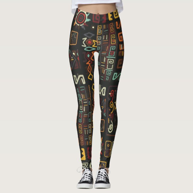 Leggings Doodle africano geométrico vintage negro (Anverso)