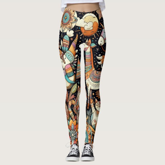 Leggings doodle multielemental lindo animal y floral (Anverso)