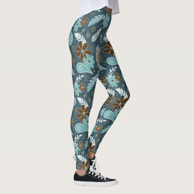 Leggings doodle paislies plumas flores patrón boho verde az (Derecha)
