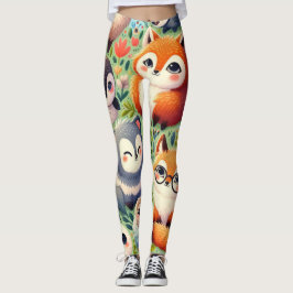 Leggings doodle personalizado gracioso, patrón animal feliz