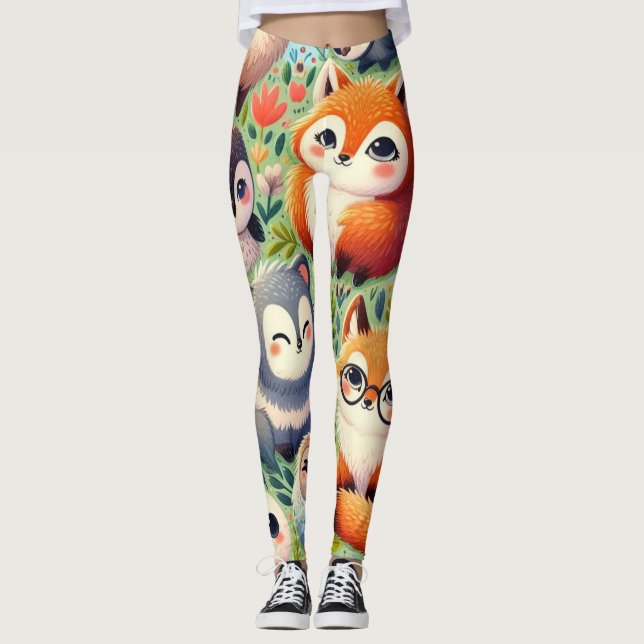 Leggings doodle personalizado gracioso, patrón animal feliz (Anverso)