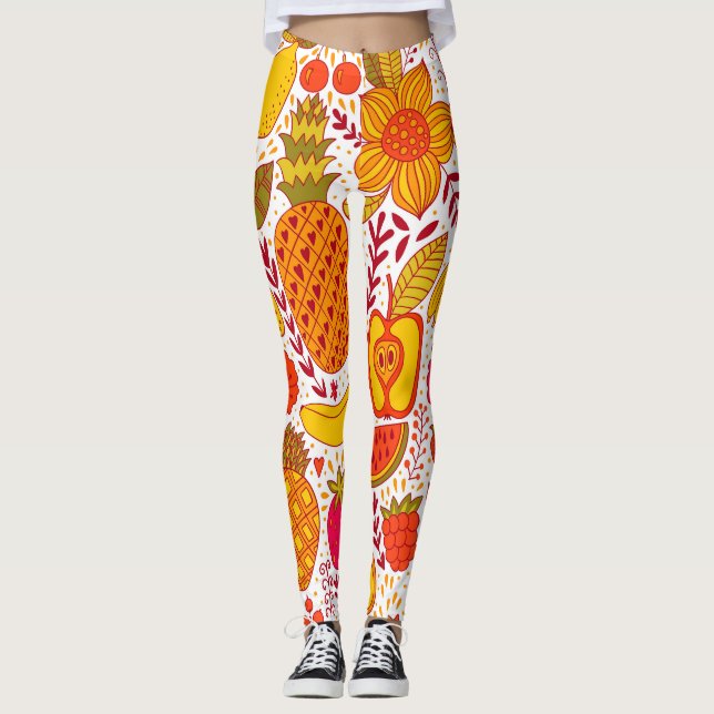 Leggings Doodles de frutas: Patrón de cosecha de verano. (Anverso)