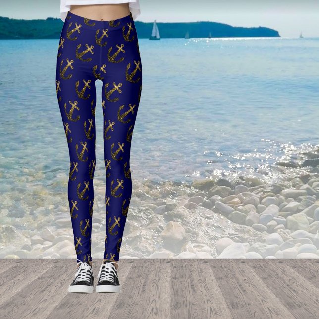 Leggings Dorado brillo falso purpurina patrón ancla azul ma (Stand out with our breathable sparkly anchor leggings in many different colors!)