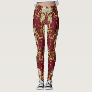 Leggings Dorado floral rojo, lujoso patrón vintage.