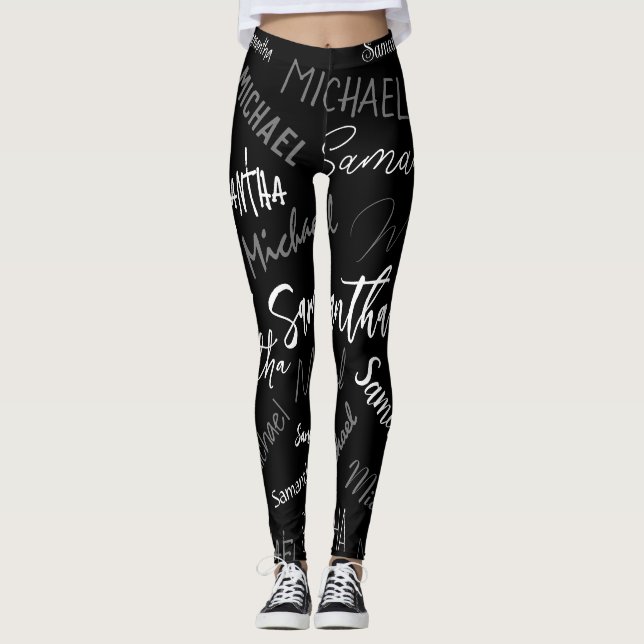 Leggings Dos nombres pareja patrón monograma blanco negro (Anverso)