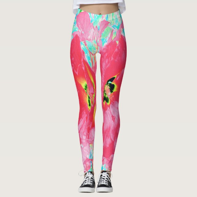 Leggings Dos rosados ciruelas de coral rojo loco hibiscus e (Anverso)