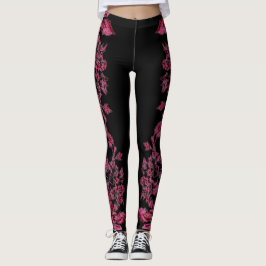 Leggings Double Hibiscus  Pink on Black 