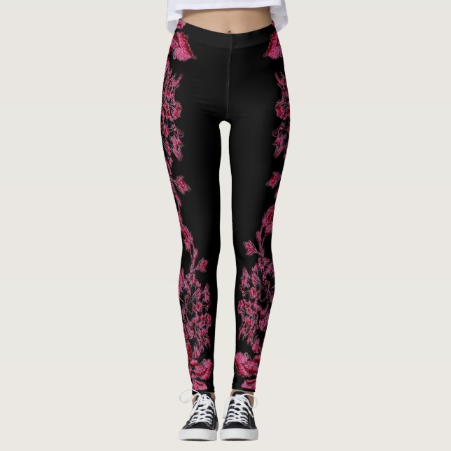 Leggings Double Hibiscus  Pink on Black  (Anverso)