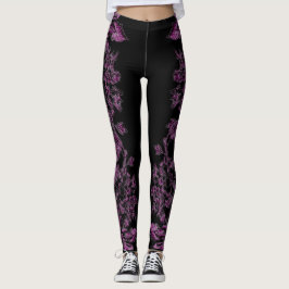 Leggings Double Hibiscus Purple on Black 