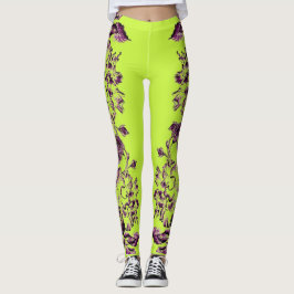Leggings Double Hibiscus Purple on Lime 