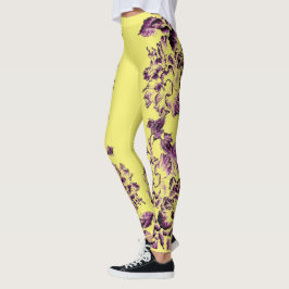 Leggings Double Hibiscus Purple on Yellow 