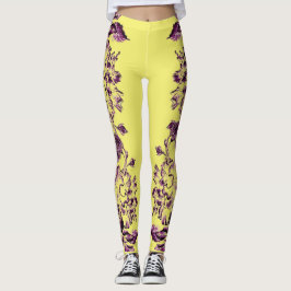 Leggings Double Hibiscus Purple on Yellow 