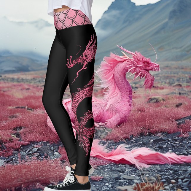 Leggings Dragón chino en blanco negro rosado irlandés (Subido por el creador)