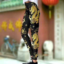 Leggings Dragón de Relieve metalizado dorado negro Año Nuev