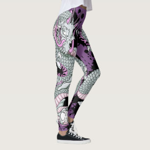 Leggings Dragón de tatuaje de salpicón gris sobre morado