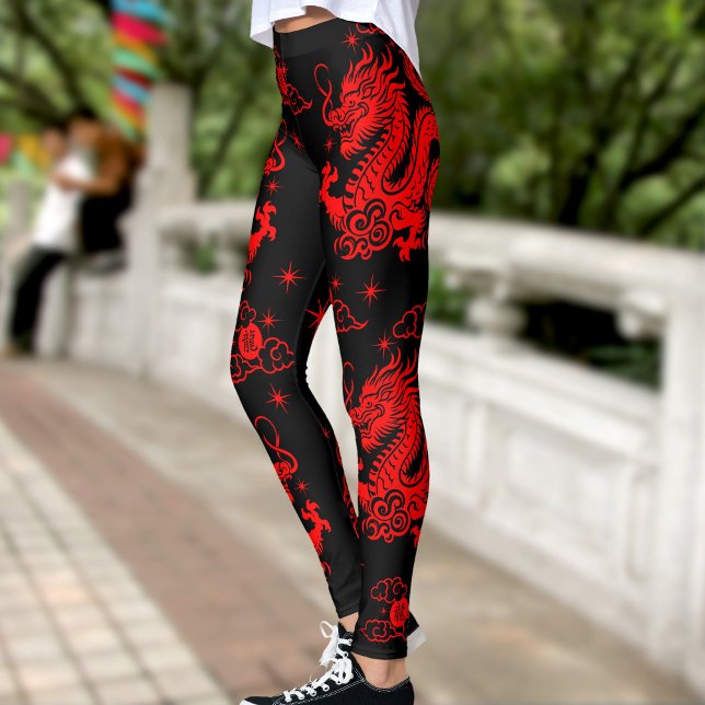 Leggings Dragón rojo negro chino Año nuevo lunar moderno (LINK FOR 2025 YEAR OF THE SNAKE: https://www.zazzle.com/collections/119316095761799932)