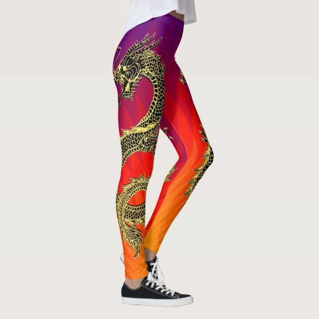 Leggings Dragones de oro negro gradiente de llamas (Derecha)