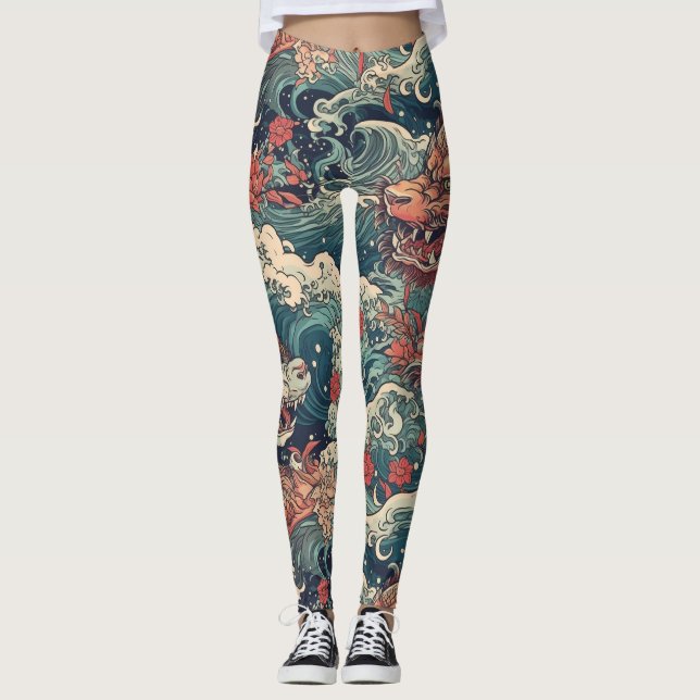 Leggings Dragones gemelos de arte de tatuajes japoneses (Anverso)
