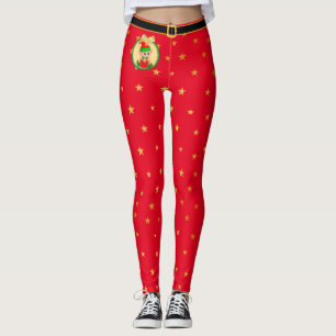 Leggings Duende de Navidad, corona de pino y estrellas sobr