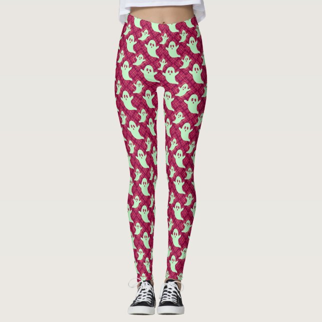 Leggings Dulces Fantasmas Verdes sobre Cuadros Rojos (Anverso)