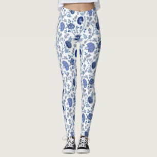 Leggings El azul del gran patrón de flores jacobeas en blan