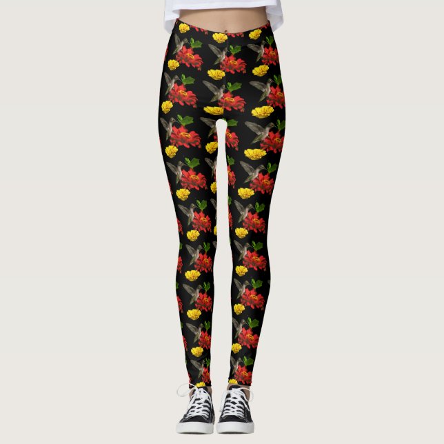 Leggings El colibrí en amarillo rojo florece las polainas (Anverso)