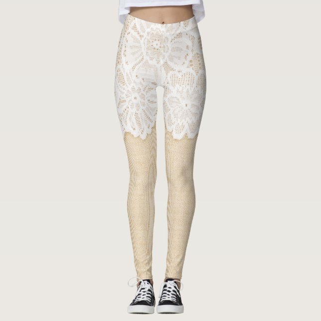 Leggings El encaje blanco sobre el diseño de tela. (Anverso)