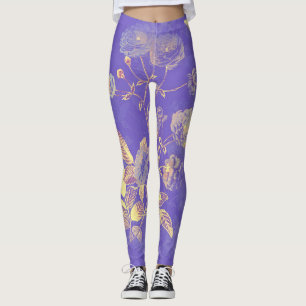 Leggings El Foliage De Leafy Dorado Sobre El Fondo Morado