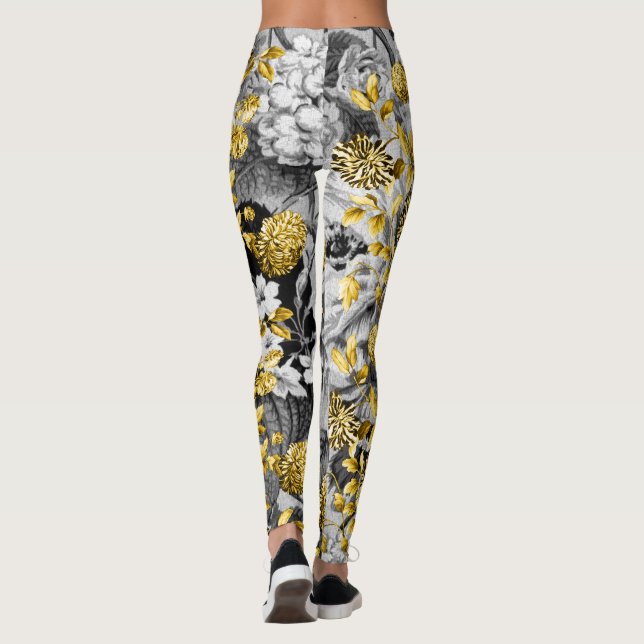 Leggings El gris blanco negro entona el oro Toile floral (Reverso)