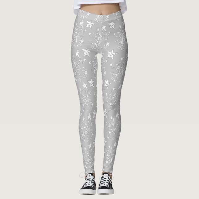 Leggings El gris lindo con las estrellas del blanco modeló (Anverso)