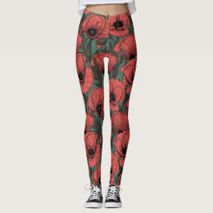 Leggings El jardín de adormidera de coral, marrón y verde p