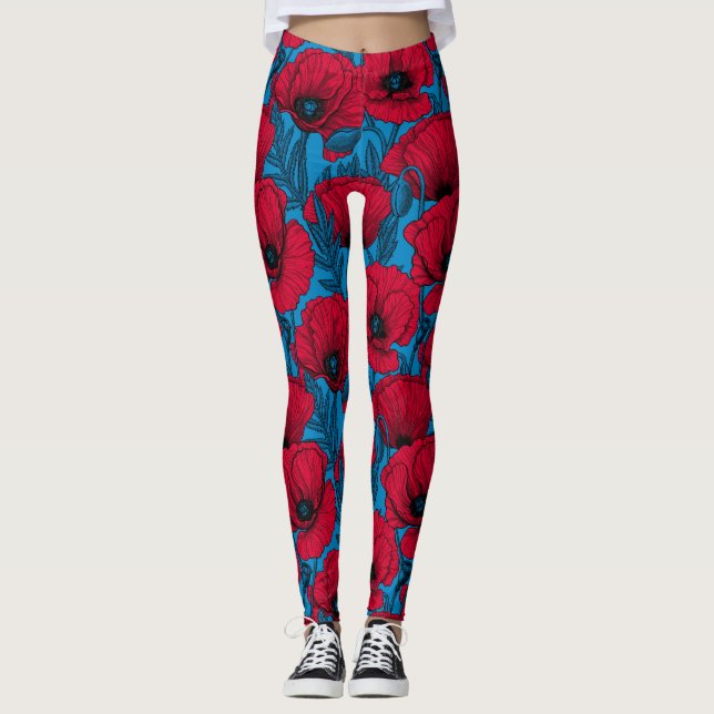 Leggings El jardín de amapola roja en azul (Anverso)