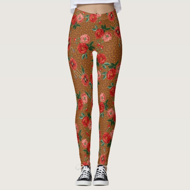 Leggings El leopardo animal exótico imprime flores rojas lú (Anverso)