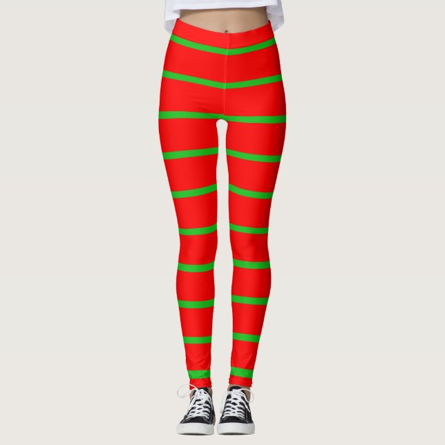 Leggings El navidad rayó las polainas rojas y verdes (Anverso)