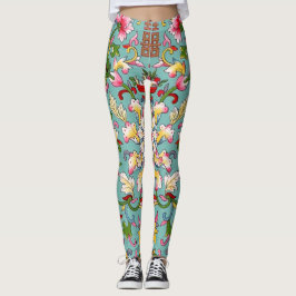 Leggings El rosa chino de Bouquet asiático en Aqua Blue