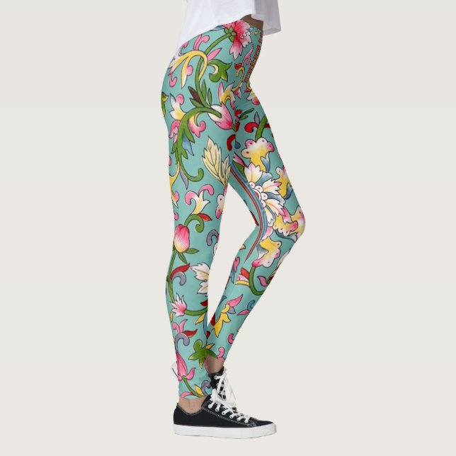 Leggings El rosa chino de Bouquet asiático en Aqua Blue (Derecha)