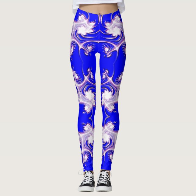 Leggings El rosa en fractal azul florece las polainas (Anverso)