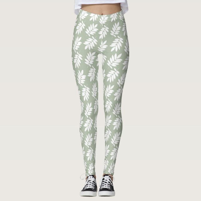 Leggings Elder Leaf Pattern White on Green (Anverso)