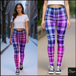 Leggings Electric Blue Pink Plaid Gradient Design